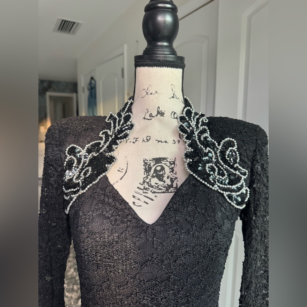 Vintage Betsy and Adam Elegant Black Lace Dress with Embellished Shoulders